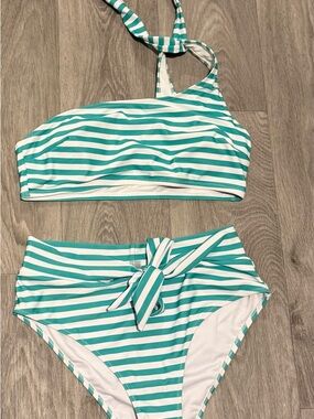 Striped teal & White Two-Piece High-Waist Bikini